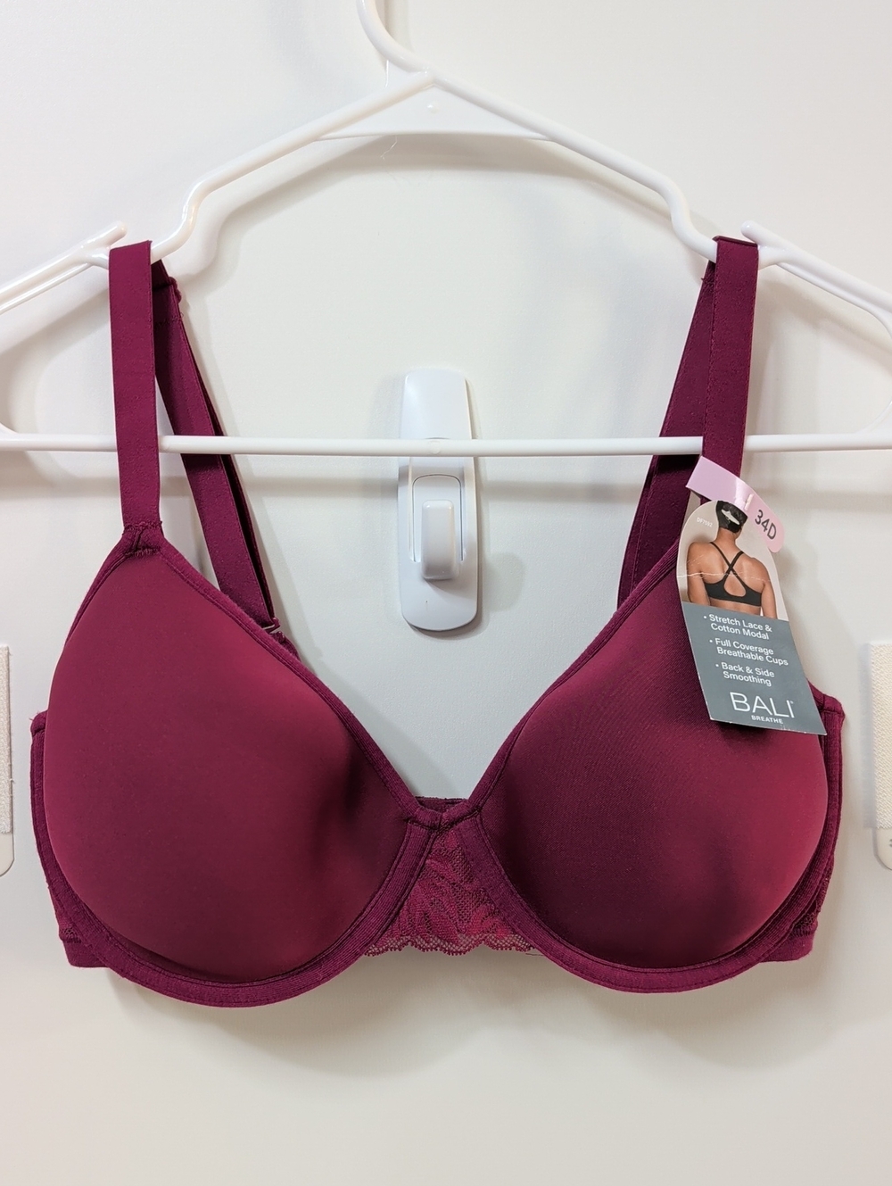 Bali Breathe Lace Full Coverage Back and Side Smoothing Bra Size 34D